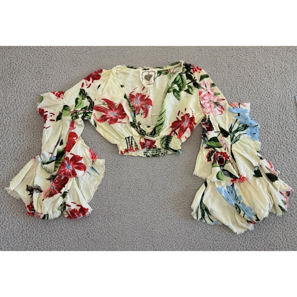 ZL‎ Europe Blouse Yellow Floral Ruffle Bell Sleeve Boho Festival Top